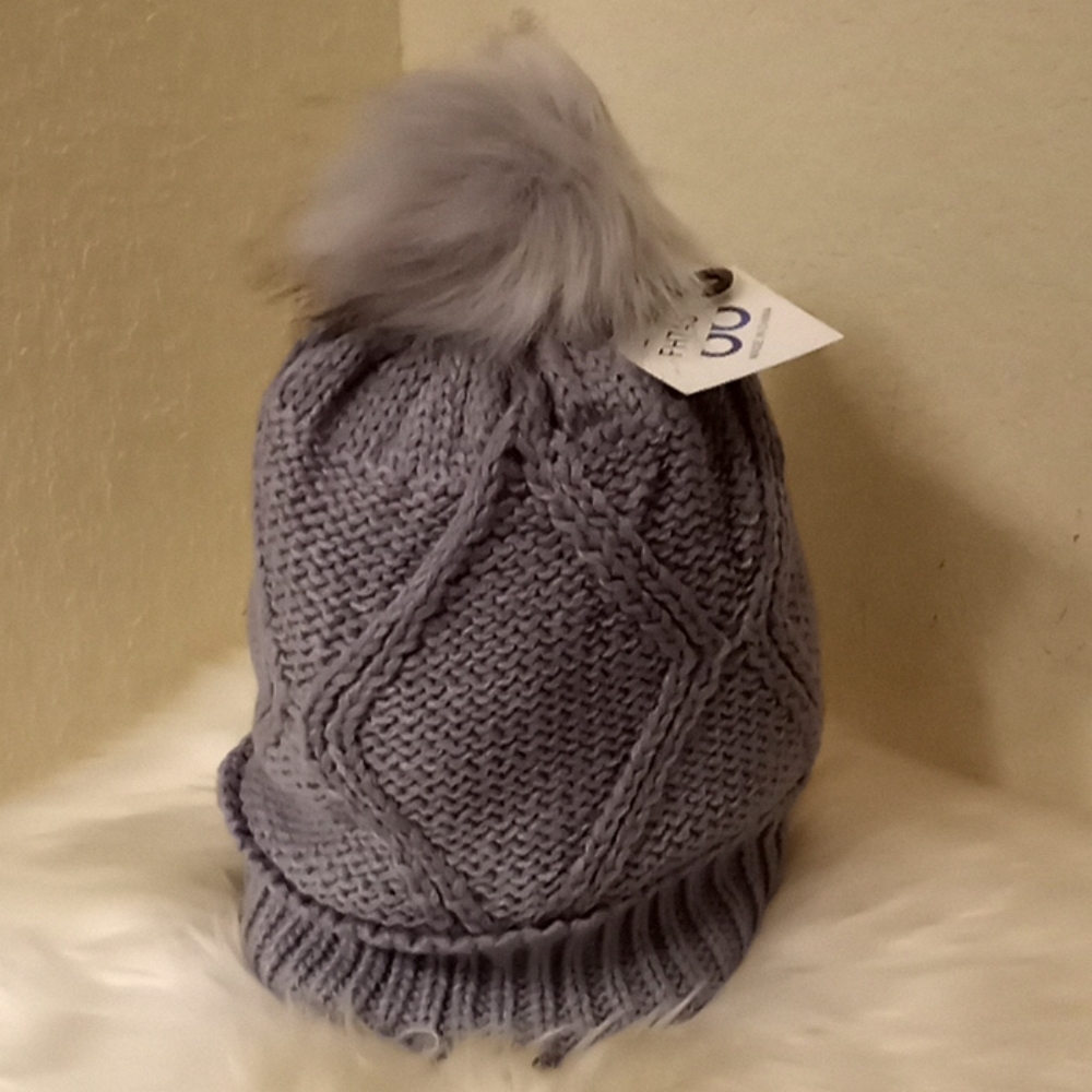 Cable Knit Gray Winter Hat with Faux Fur Pompom